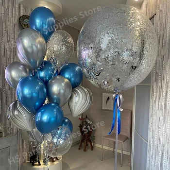 15pcs/set 36inch prata confete bolhas de balão azul do Metal prata Balão de ágata preta balão de Casamento de bebê, Festa de Aniversário, Decoração