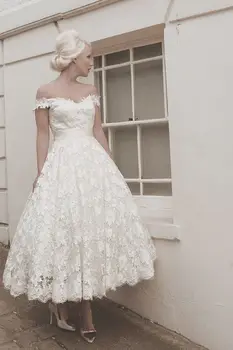 2015 Elegante Laço Branco Vestido de Noiva Fora do Ombro Meados de Bezerro Curto Mais o Tamanho de Uma Linha de Vestidos de Casamento Frete Grátis