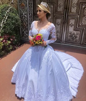 2020 Princesa vestido de Noiva Branco de Manga Longa, sem encosto de Trem de comprimento Esferas Apliques Jardim País Vestidos de Noiva vestido de noiva