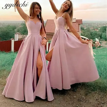 2022-De-Rosa Com Alças Finas, Vestidos De Dama De Honra Para O Casamento De Cetim Longo De Uma Linha-Vestido Festa Formal Sexy Alto Dividido Vestido De Noiva