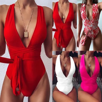 2022 Sexy Profundo Decote em V Sólido de Impressão Ocos Um Pedaços de Maiô para as Mulheres de Cintura Alta Bandage moda praia Verão Praia de maiô