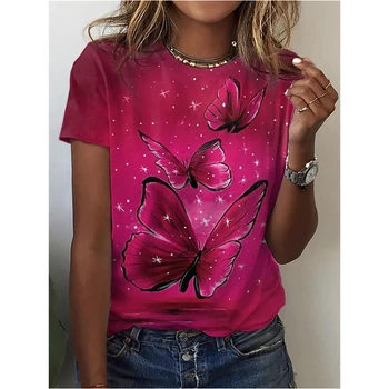 2022 tendência da moda 3D borboleta vermelha impressão de pescoço redonda do projeto novo nicho de mulheres t-shirt manga curta