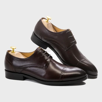 2023 Dark Brown Derby Sapatos Lace-up Homens Sapatos de Couro Genuíno Artesanal de Negócios de Luxo Casamento Formal Sapatos para Homens