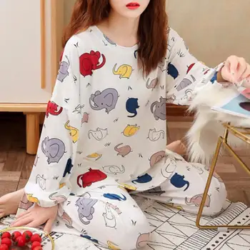 2Pcs/Set Mulheres Pijama Colorido da Primavera Pijama Bonito Senhoras Ajuste Solto Longo Pijama Conjunto