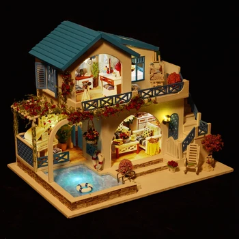 3D feitos à mão Casa de Boneca de Madeira Diy Miniatura Casas de Boneca Mobiliário Kit Diy de Puzzle de Montar Casa de bonecas Brinquedos Diodo emissor de Luz Presente de Aniversário