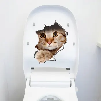 3D vívido Buraco Gato Wc Adesivos de Decoração Diy Wc casa de banho/Porta Cartazes Gatinho filhote de Cachorro de desenho animado Animais Arte de Parede Decalques