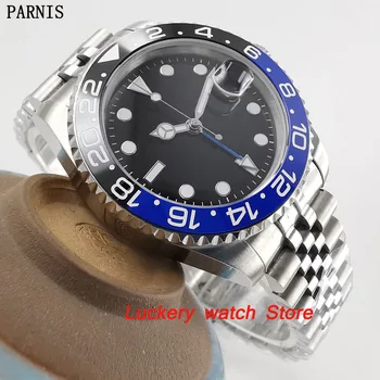 40mm Parnis Preto e azul Bisel de Cerâmica dial preto azul GMT mãos luminosos de marcas de vidro safira automatic Mens Watch-PA67