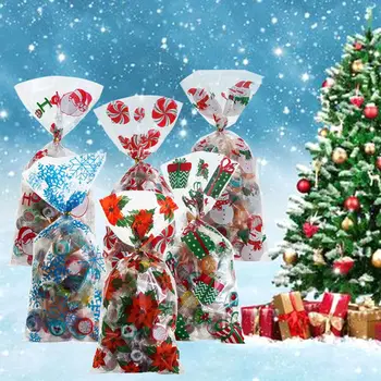 50PCS Feliz Natal Sacos dos Doces do Papai Noel de Plástico Doces Tratar Saco de Natal de Ano Novo Biscoito de Sacos de Presentes Caixa Decoração