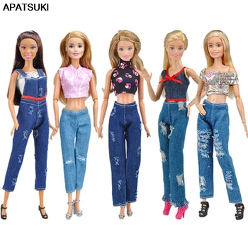 5Set Moda de Roupas Para a Boneca Barbie muito Curta & Calças Jeans Calças de Roupas feitas à mão Para a Casa de bonecas Barbie 1/6 Boneca Acessórios