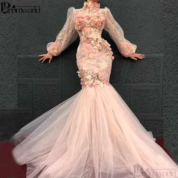 Abendkleider cor-de-Rosa Sereia Vestidos de 2022 robe de sarau Flores Lace Vestido de Baile de Mangas compridas, Festa Formal Vestidos de abiye