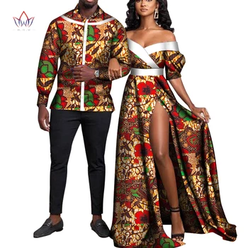Africana de Impressão de Longa colcha de Retalhos de Vestidos para Mulheres Bazin Riche Homens Topo Camisa Casal Vestuário Africano Amantes de Casal Roupas de WYQ729