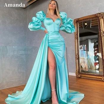 Amanda Puffy Manga فستان سهرة Lado Sexy Dividir Sereia Vestido de Festa em Cetim de Seda Querida Vestidos de Noite de Hortelã Trumpet Vestido de Baile