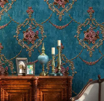 American Estilo Europeu em Relevo o papel de Parede Retro Azul tecido Não-Tecido Quarto Jardim Flor Grande Casa de Luxo de estar