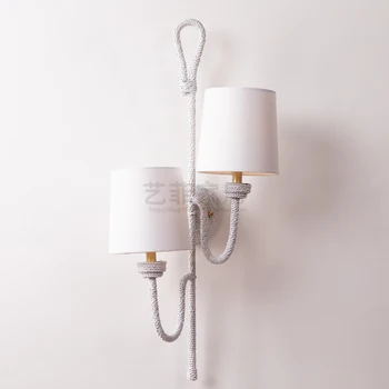 American retro tecido de palha, corda ramo sala de estar lâmpada de parede de personalidade rural quarto de hotel lâmpada de parede