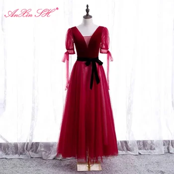 AnXin SH princesa vinho vermelho lace vestido de noite francês retrô vintage party querida puff manga grande arco de noiva vestido de noite