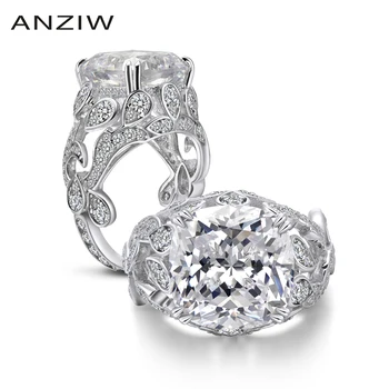 ANZIW10 Quilates de Almofada de Anel de Corte Simulado de Noivado de Diamantes de Casamento Anel de Prata Esterlina de Grande Luxo de Presente uma Jóia para a Mulher