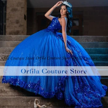 Azul Royal Vestidos de Quinceanera Sweetheart Beading Apliques de Lantejoulas Sweet 16 Mexicano Meninas vestidos de XV anos