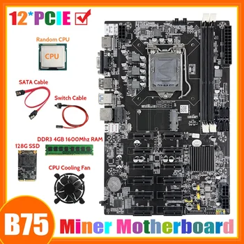 B75 12 PCIE ETH de Mineração placa-Mãe+Aleatório CPU+4GB DDR3 1600 mhz RAM+128G SSD+Fã+Cabo SATA+Cabo de conexão do Interruptor placa-Mãe