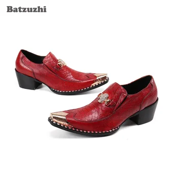 Batzuzhi Vintage Vestido de Negócio Sapatos de Homens de 6,5 cm de Salto Alto Sapatos de Couro Homens de Metal Pontiagudo Dedo do pé Vermelho de Casamento e Festa de Sapatos de Homens