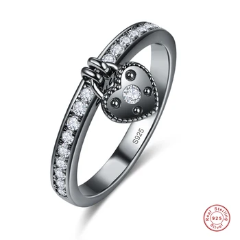 Bloqueio em forma de coração Preto Zirconia Anel Anel de Casamento para as Mulheres 925 Jóias Anéis de Cristal