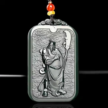 Bom Hetian Jadeite Amuleto Pingente Mão Esculpida Guangong Churinga De Suspensão Colar Guanyu Talismã
