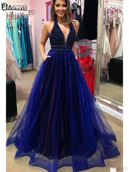 Brilhante Azul Royal Vestidos de Baile 2022 com Beading Bolsos de Uma Linha-V-pescoço Longo de Tule Vestido de Baile sem encosto Sexy Vestido de Noite Formal,