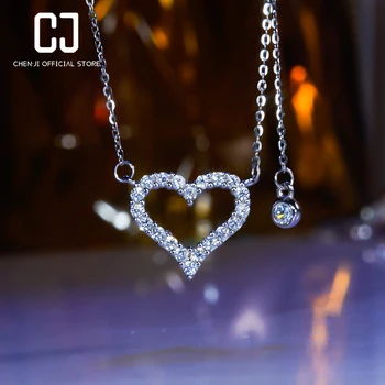 CHENJI S925 Prata Amor Colar Feminino em Forma de Coração Clavícula Cadeia de Moda Simples Presente do Dia dos Namorados