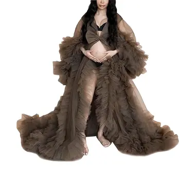Chique Plissado Vestidos de Noite da Mulher de Tule Manto Puffy Pura Longo Bathgown para a Maternidade sessão de Fotos Personalizadas Feitas