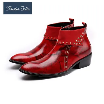 Christia Bella Homens de Couro Genuíno Ankle Boots da Marca de Moda Dedo Apontado Rebite Zíper Formal Hairstylist Sapatos Plus Size 38-47
