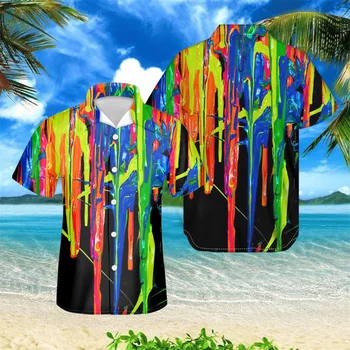 Colorido arco-íris Impresso Shirts Para os Homens de Turn-Down Cubano Camisas e Blusas Oversize Macho Praia Havaiana Roupas Blusa Masculina