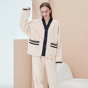 Coral do fleece de pijamas para mulheres de outono/inverno, pijamas de flanela para as mulheres conjunto de casaquinho de casa serviço de pijamas mulheres de algodão пижама