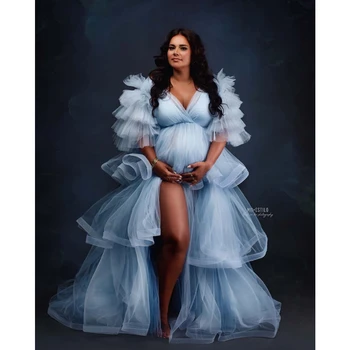 De novo No Céu Azul Vestidos de Maternidade para a sessão de Fotos Inchados de Camadas de Babados, Mangas Metade de Pescoço de V Babyshower Festa Sexy Gravidez Vestes