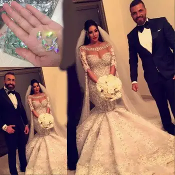Dubai Árabe Luxo Esferas De Cristal Sereia Vestidos De Casamento Meia De Comprimento Mangas Colher Decote País Vestidos De Noiva Vestido De Noiva