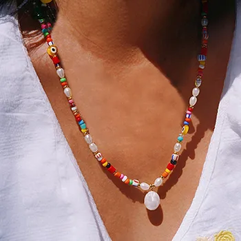 Estilo Boho natural pingente de pérola colar colorido arroz esferas de misturar e combinar moda arco-íris longo roupas acessórios olho necklac