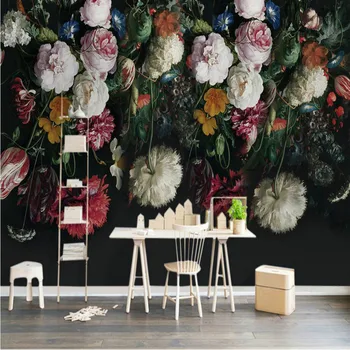 Europeia, Retro, Floral Pintura Fotografia Papéis de parede 3D Sala de estar, Quarto de Fundo Preto Flor Mural Papéis de Parede Decoração da Casa