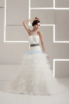 frete grátis 2014 novo design de um ombro só com laço vestido de noiva de boa qualidade, personalizado tamanho/cor de vestido de baile cinto de vestido de casamento branco