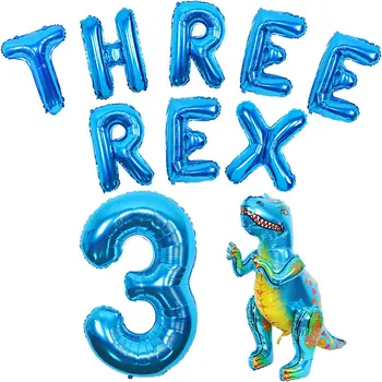 Funmemoir Três Rex Dinossauro 3ª Festa de Aniversário, Decoração para Meninos de Azul de Três Rex Dinossauro Número 3 Balões Folha de Suprimentos Kit