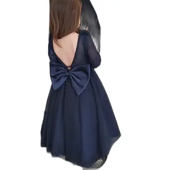 Gardenwed Azul Marinho Vestidos da Menina de Flor De 2020 Mangas compridas Vestido de baile de Tule de Volta Arco Nó Inchado Vestidos para Crianças