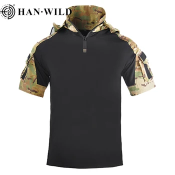 HAN SELVAGEM Camisa com Capuz Tático T-Shirt Exército Exterior de Combate T-Shirt Homens Roupas de Caminhada CS Caça de Camuflagem Militar Camisas