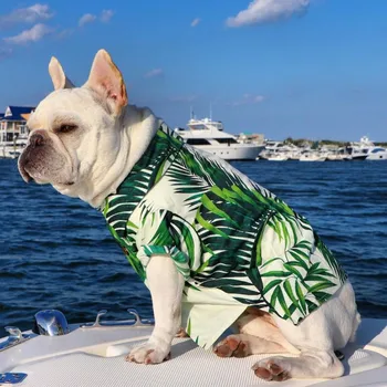 Havaianas Cão De Estimação, T-Shirts De Verão Da Lapela Da Camisa Cachorro Praia Do Coqueiro Print Veste Roupa De Praia Vestuário Cão Top Floral, Camisa Verde