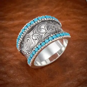 HOYON Embutidos de cor azul-turquesa gravado anel de prata 925 anéis de prata esterlina para as mulheres sintético azul-turquesa de casamento anel de noivado
