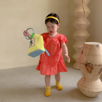 Ins-coreano Roupas infantis 2022 Verão Nova Menina Puffy Vestido Elegante Vaca Tendão Sólido de Algodão de Quatro cores, Saia Frocks