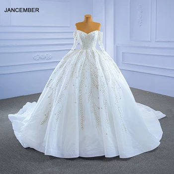 J67284 JANCEMBER Branco Elegante Vestido de Casamento Nupcial Folhas Padrão Novo de Manga Longa de Tubo Superior sem encosto Babado Banquete Vestido Formal
