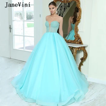 JaneVini De Luxo Esferas De Tule Plus Size Longos Vestidos De Baile Vestido De Baile 2020 Sem Alças Pérolas Ver Que Sexy Dubai Vestido De Festa Jurken
