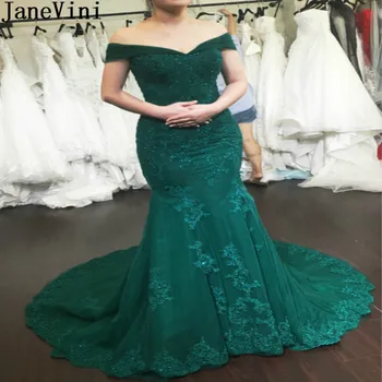 JaneVini Elegante Verde Sereia De Festa Longos Vestidos De Noite 2020 Off Ombro Beading Sequin Vestido De Baile Lace Tule Vestido De Formatura
