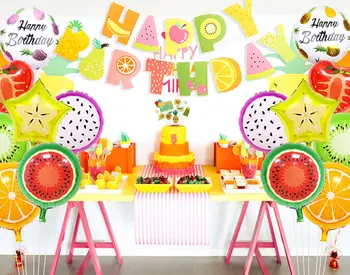 JOLLYBOOM Tutti Frutti Festa Decoração de Feliz Aniversário Papel de Faixa Canudos Bolo Topper Folha de Balões para Frutado Fornecimentos de Terceiros