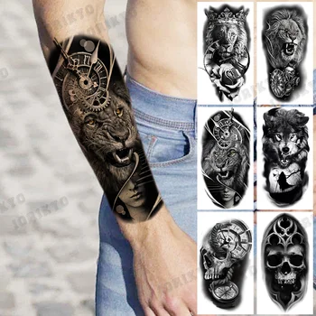Leão Bússola Braço Tatuagens Temporárias Para Os Homens Adultos Lobo Crânio, Flor, Coroa Guerreiro Fake Tattoo Body Art De Decoração Tatoos Adesivo