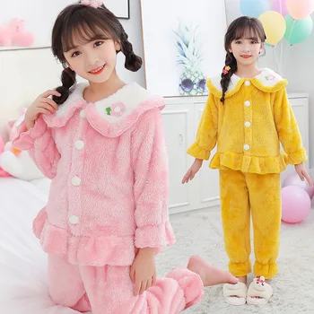 Lotus Colar de Flanela Inverno Meninas Homewear Camisola de dormir, roupa de Crianças de Pelúcia Quente pijama para meninas adolescentes 3-15 anos