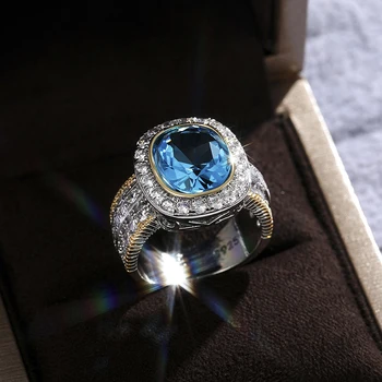 Luxo Delicado de Reboque Tom Banda de Casamento Brilhante Oval Azul Grande AAA Cúbicos de Zircônia Anéis de Pedra Para as Mulheres na Moda Jóias de Noivado