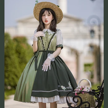 Luxo Lolita Vestido Bordado Verde Elegante Doce Fêmea Menina Loli Vestido Op Patchwork Gola Peter Pan Manga Curta Bodycon Cos